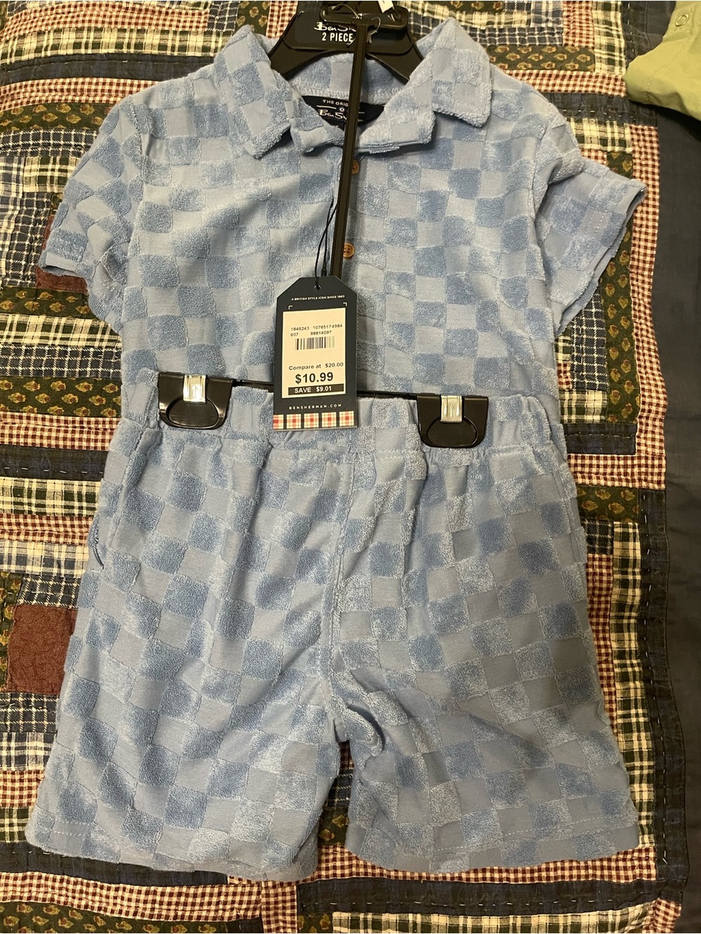 Children's Light Blue Check Terry Romper Shorts - Ben Sherman